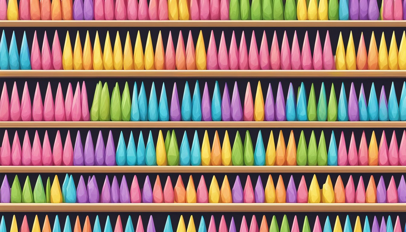 A display of colorful lollipop sticks arranged neatly on shelves in a Singaporean store