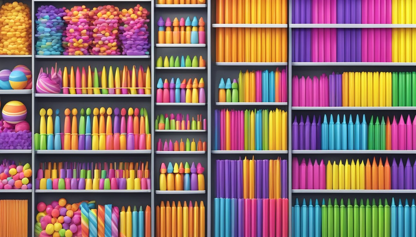 A colorful display of lollipop sticks in various sizes and colors at a retailer in Singapore. Shelves are neatly organized with different packaging options available