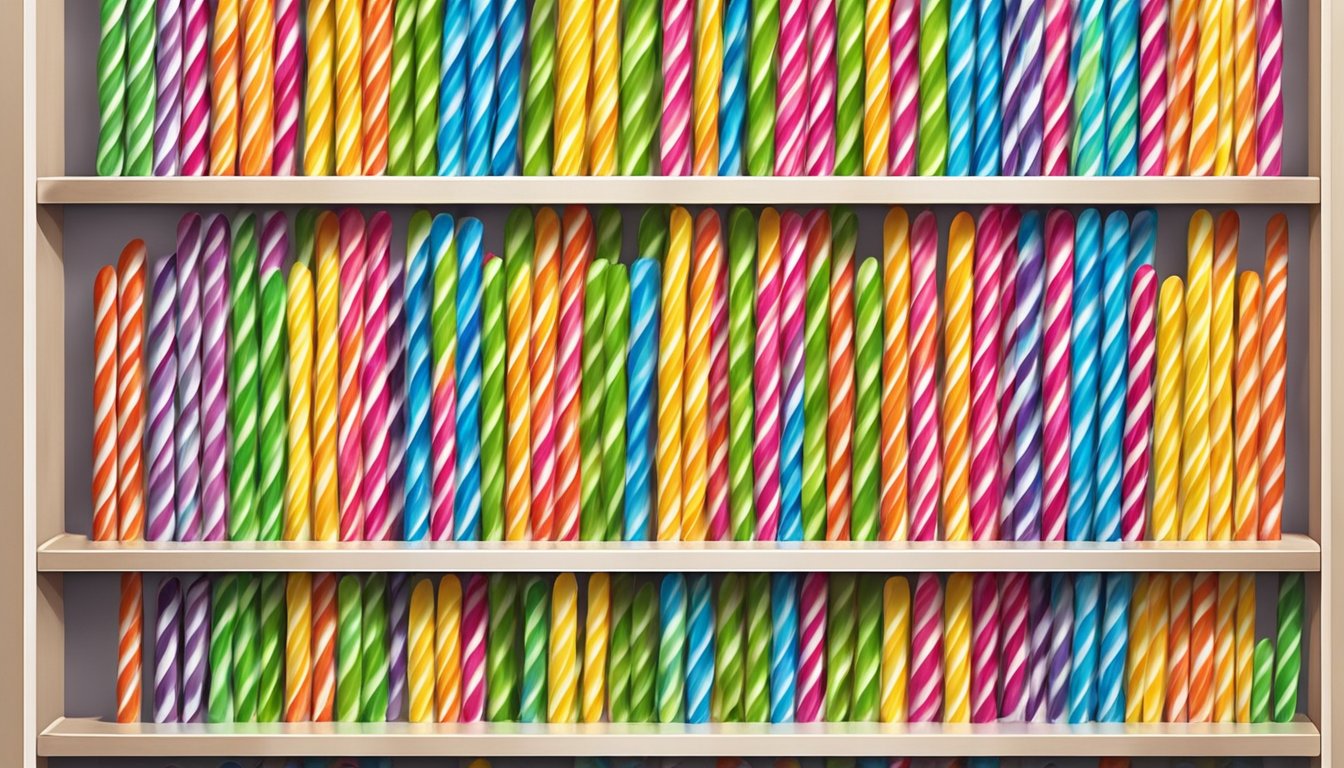 A display of colorful lollipop sticks arranged neatly on a shelf in a Singaporean store