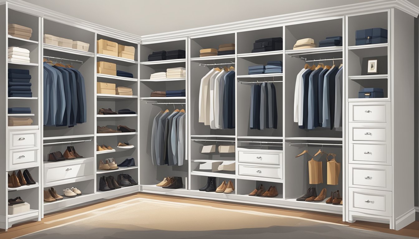 A well-organized closet with shelves of neatly folded shirts, hanging suits, and rows of polished shoes. A stylish dresser with neatly arranged accessories and a full-length mirror completes the scene