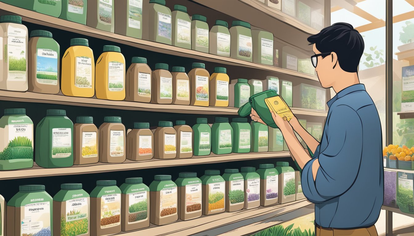 A person examines shelves of organic fertilizers at a Singapore garden center, with various options displayed and price tags visible