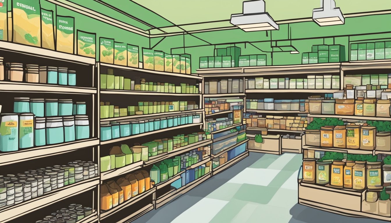 A bustling garden supply store in Singapore displays shelves stocked with various brands of organic fertilizer. Customers browse and inquire about different options