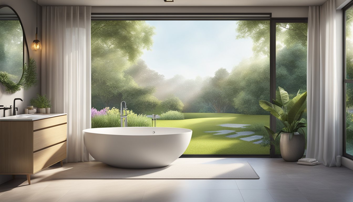 A serene bathroom with a sleek, modern bathtub positioned near a large window overlooking a tranquil garden