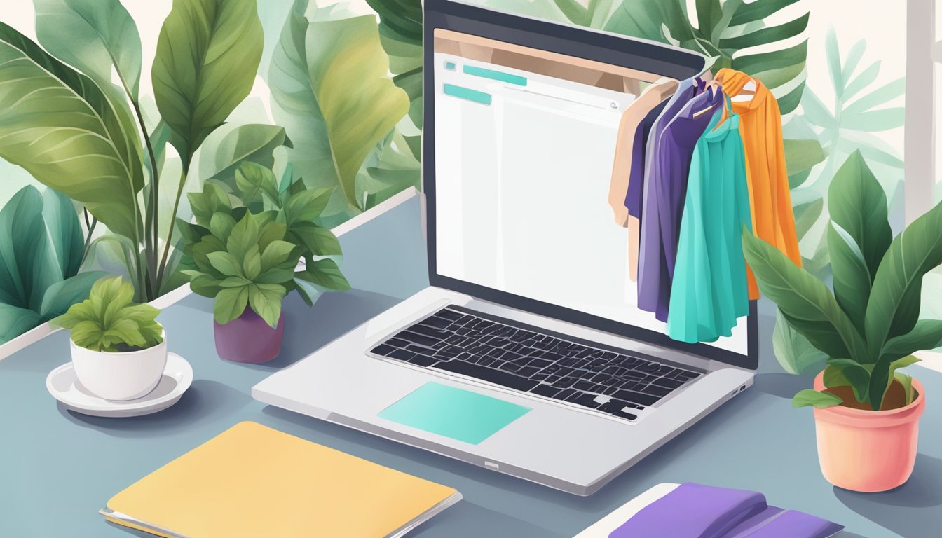 A laptop with a variety of colorful maxi dresses displayed on a website, surrounded by plants and a cup of coffee