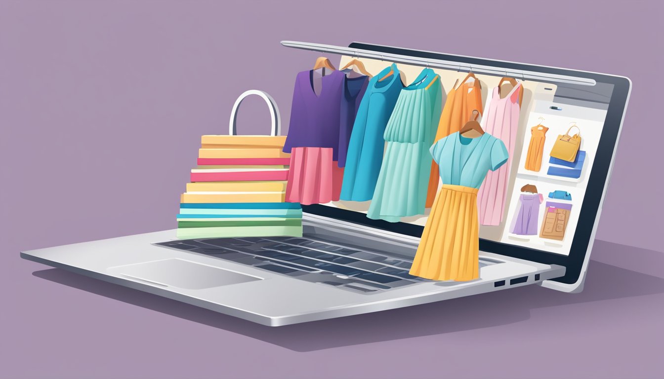A laptop open to a variety of online shopping websites, with a cursor hovering over the search bar for "maxi dresses."