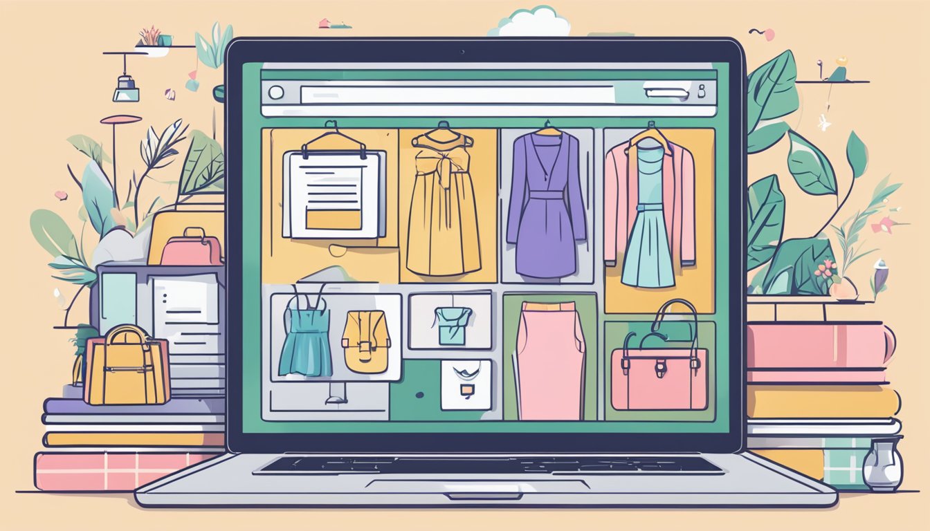 A laptop with a search bar displaying "where to buy maxi dresses online" surrounded by various fashion websites and icons