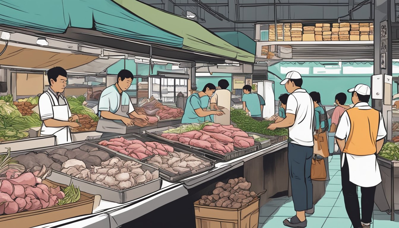 A bustling market stall displays fresh mutton cuts in Singapore. Customers browse the selection, while the vendor stands ready to assist