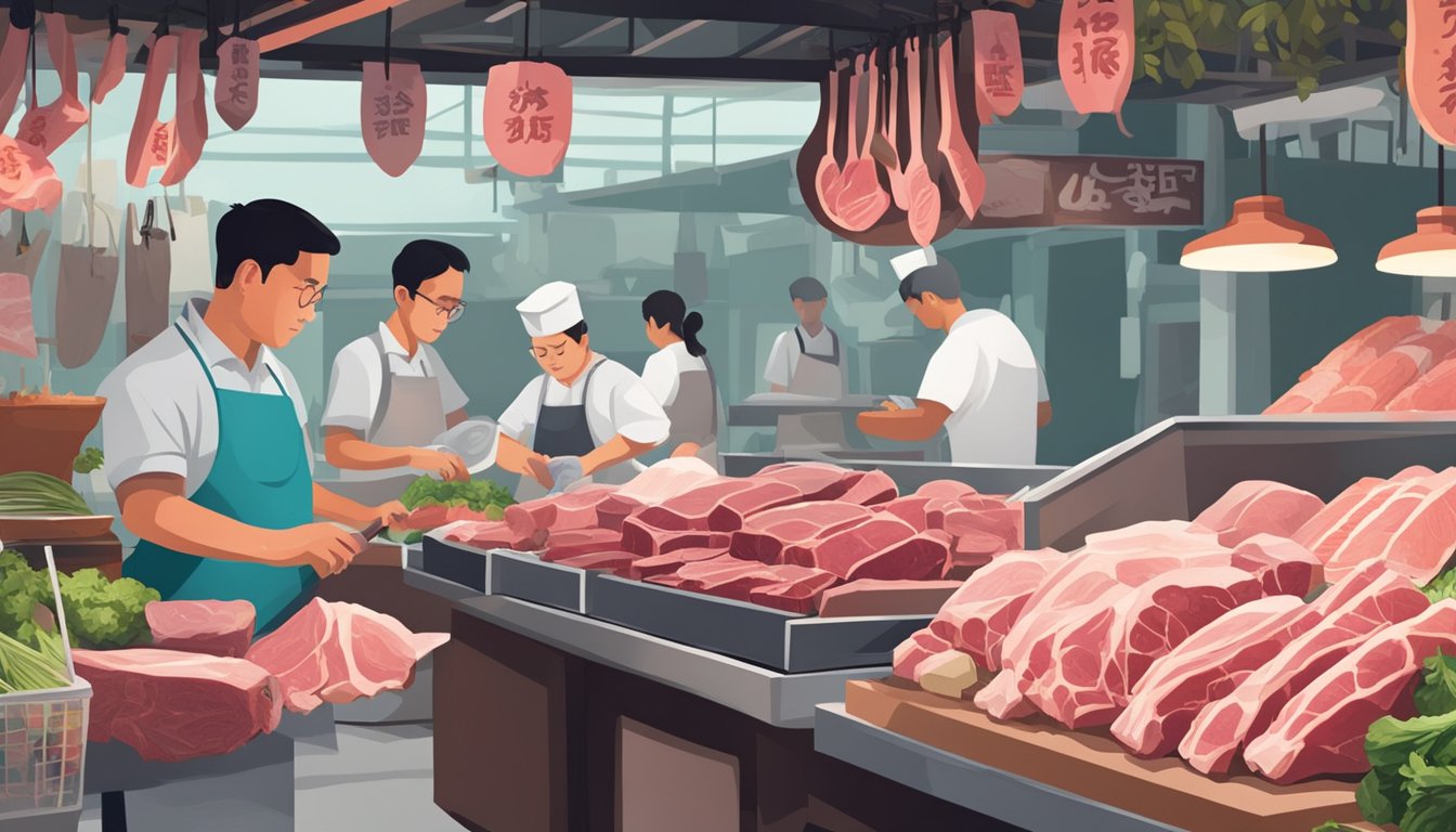 A bustling market stall displays fresh cuts of mutton, while a butcher expertly trims the meat. A sign proudly proclaims "Best Places to Purchase Mutton in Singapore."