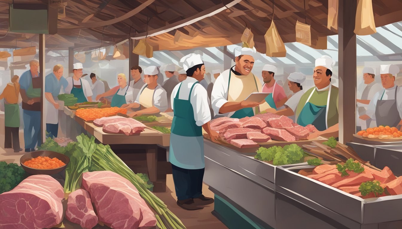A bustling market stall displays a colorful array of mutton cuts, while a chef eagerly discusses recipe ideas with a local butcher