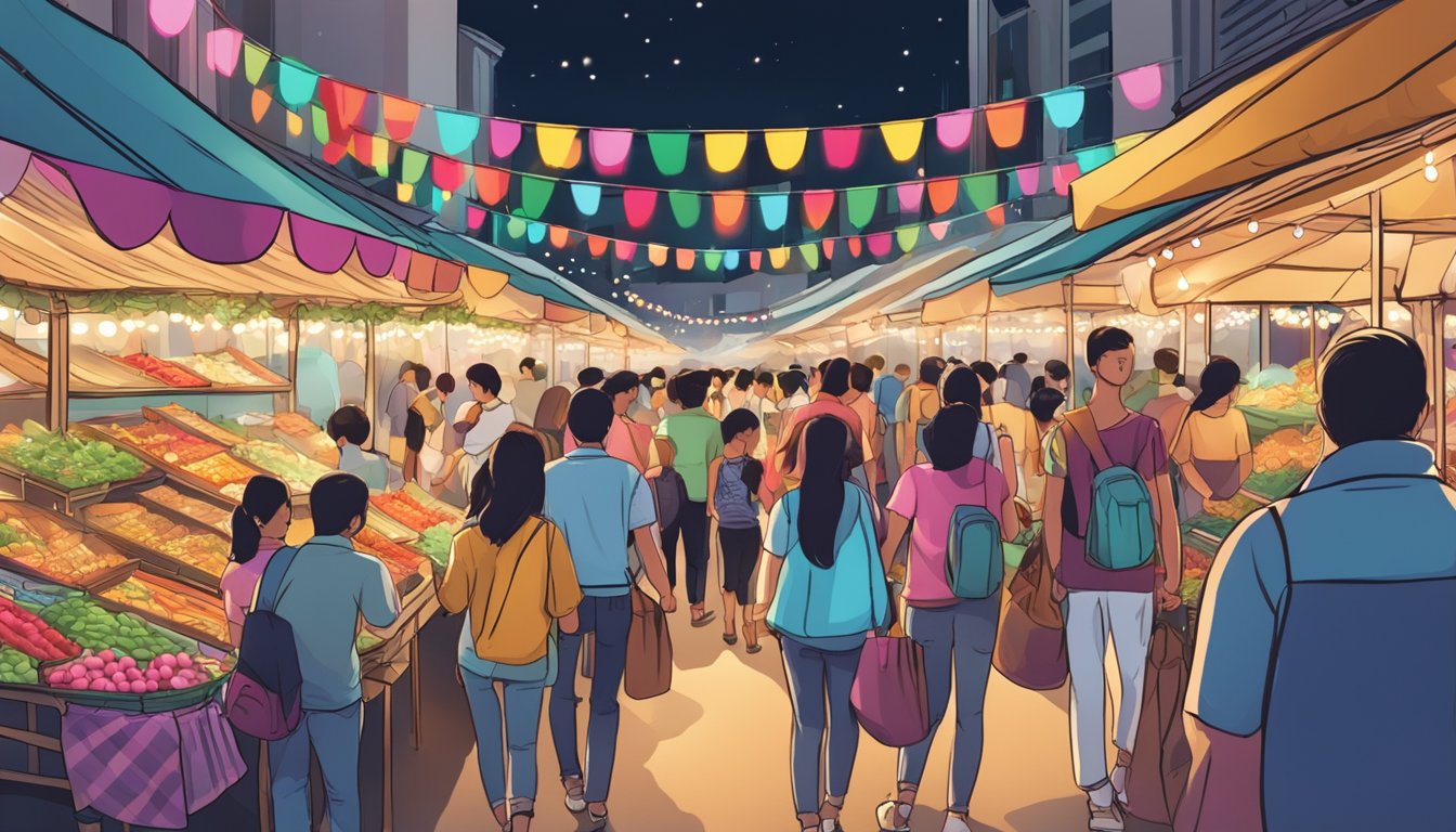 A crowded street market in Singapore, lined with colorful stalls selling cheap Christmas decorations. Bright lights and festive music fill the air