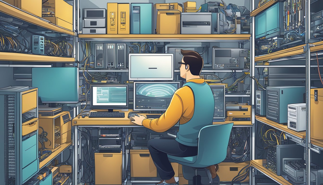 A computer technician installs new components into a desktop PC, surrounded by shelves of computer parts and a computer screen displaying online retailers