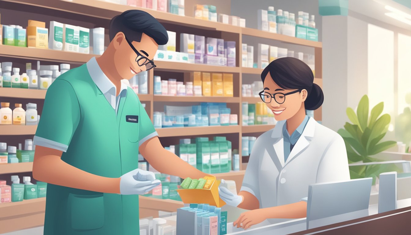 A pharmacist hands over a packet of mifepristone to a customer in a brightly lit pharmacy in Singapore
