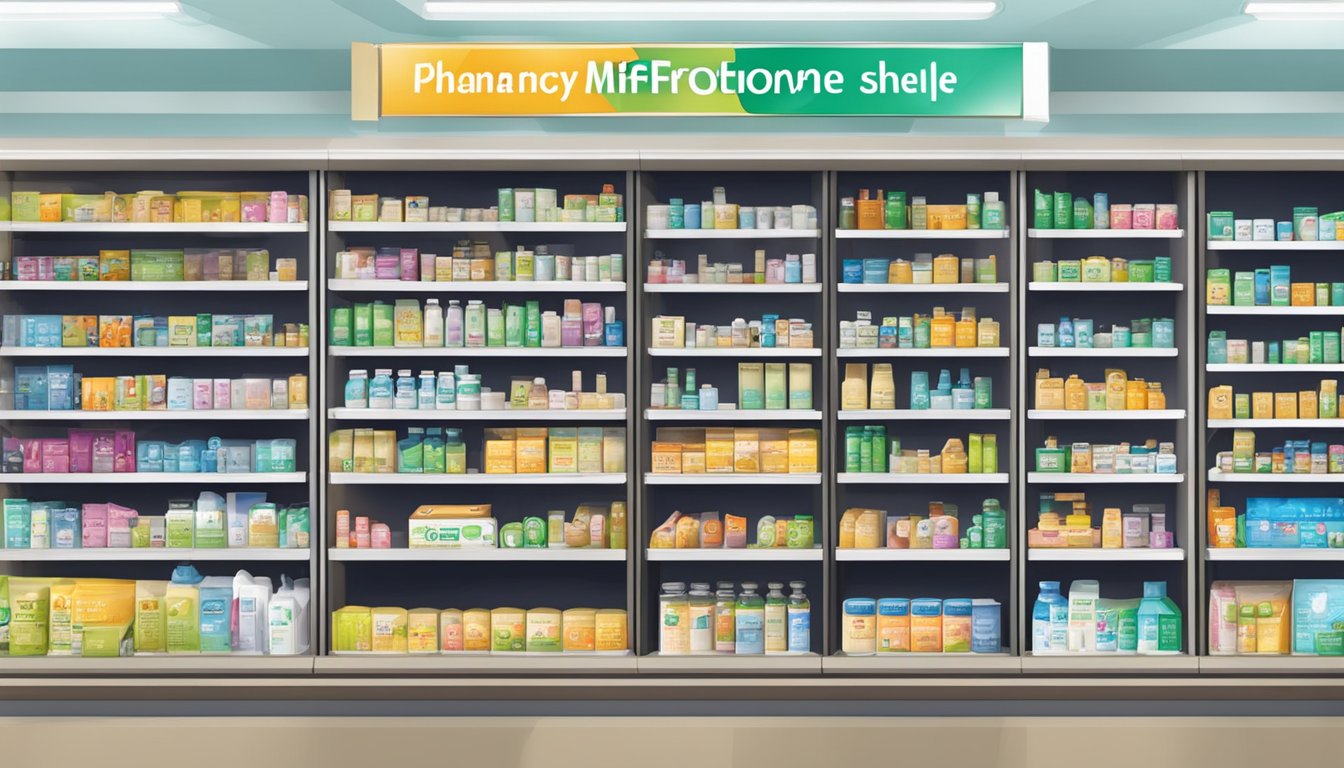 A pharmacy shelf displays Mifepristone packaging in Singapore
