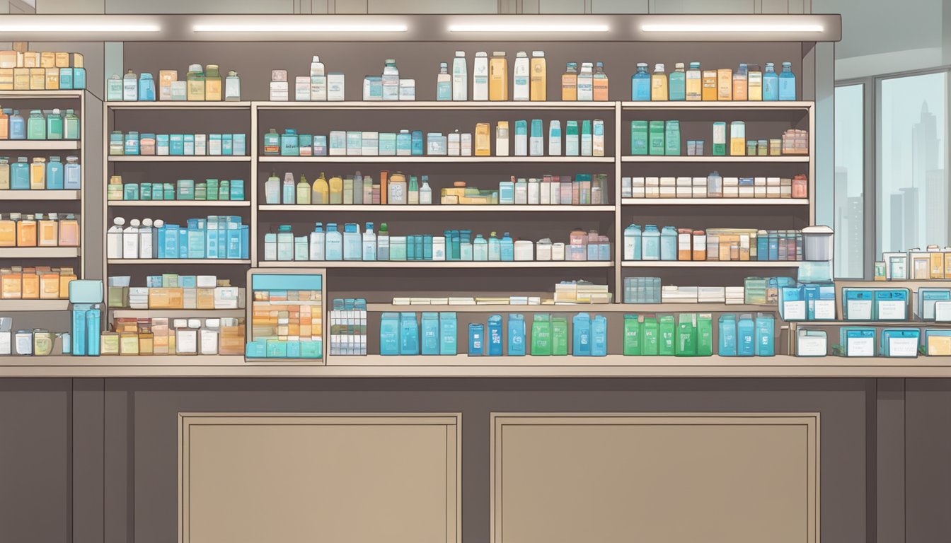 A pharmacy counter with shelves of medication and a sign reading "Mifepristone available here" in Singapore