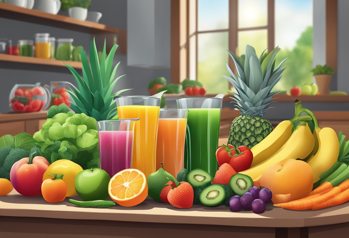 A variety of fresh fruits and vegetables displayed on a table with a juicer in the background, showcasing the vibrant colors and assortment of options for creating healthy juices