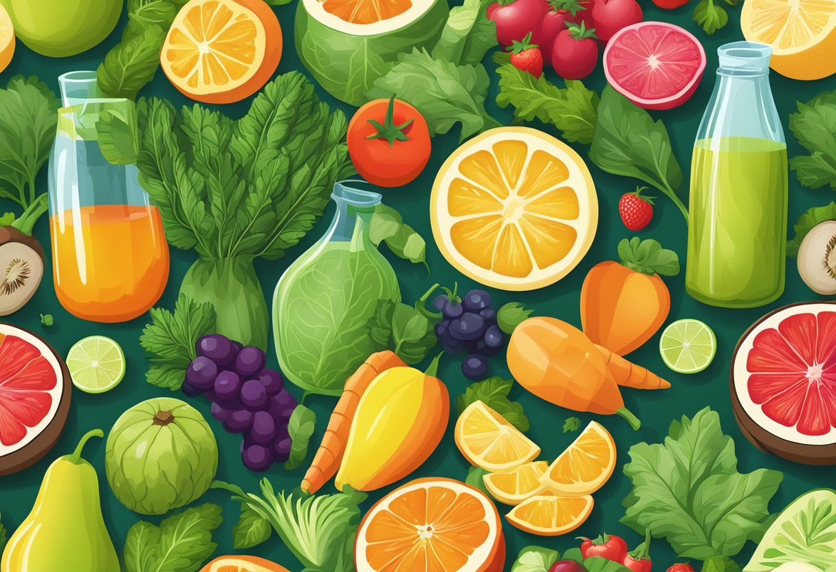 A colorful array of fresh fruits and vegetables, with a variety of juices being poured into a glass, surrounded by leafy greens and a vibrant assortment of produce