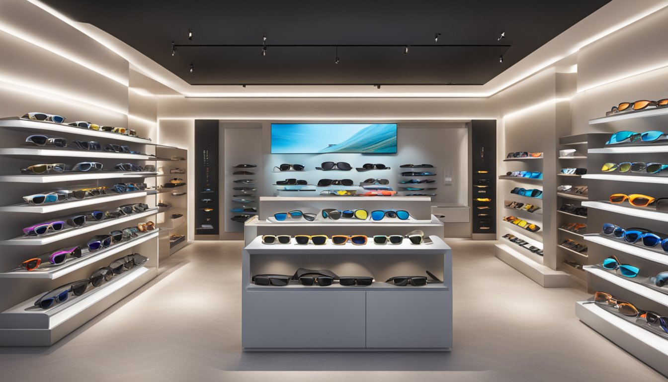 A display of Oakley sunglasses in a sleek, modern store in Singapore. Shelves neatly showcase the latest styles and designs, with bright lighting highlighting the products