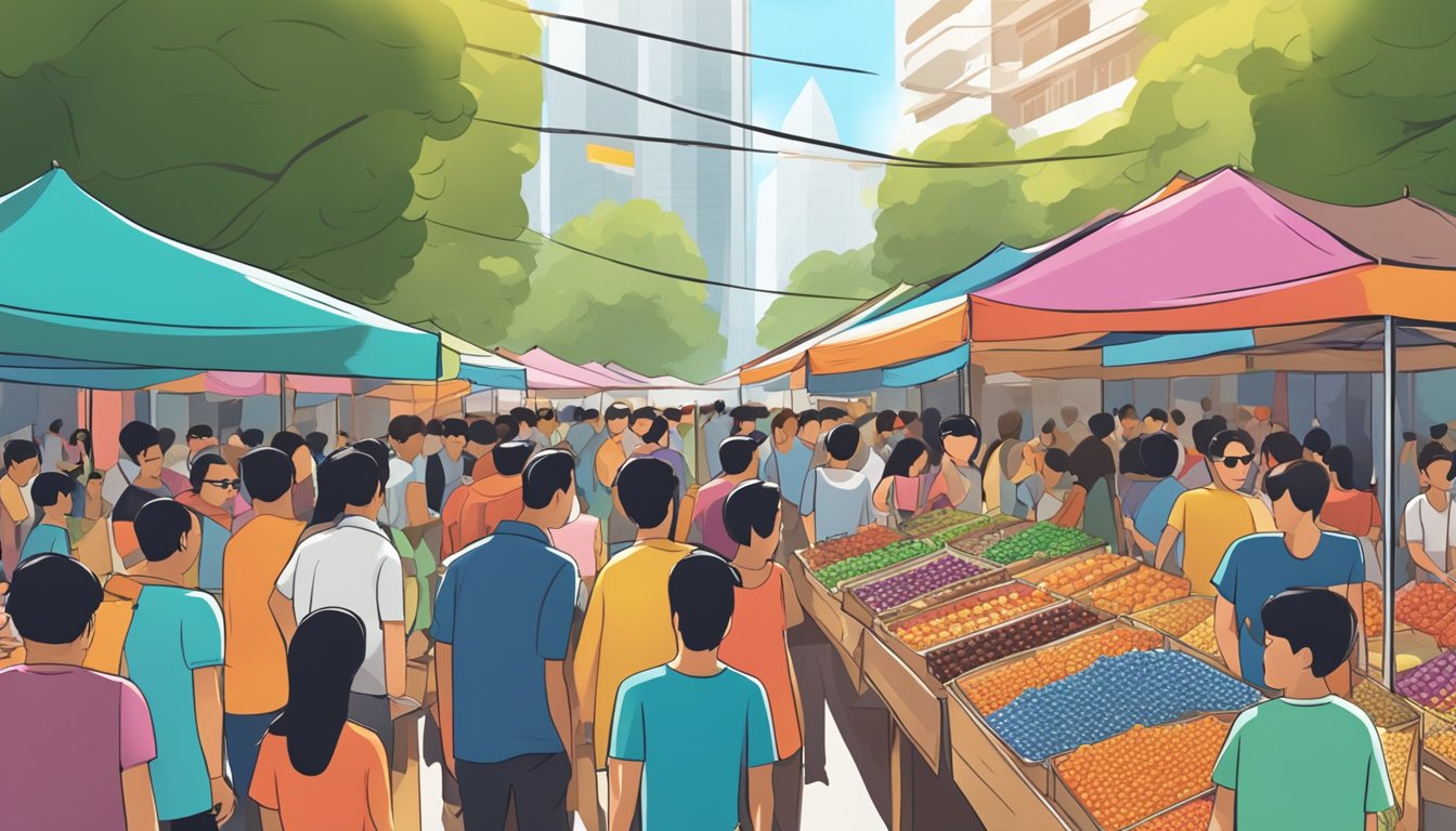 A crowded street market in Singapore with colorful displays of cheap Ray Ban sunglasses at a vendor's stall