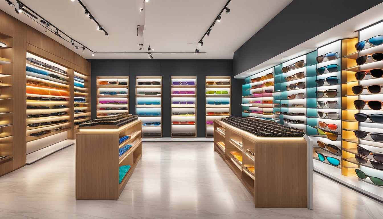 A vibrant display of Ray-Ban sunglasses in a modern Singapore retail shop, with sleek shelves and bright lighting showcasing the latest styles
