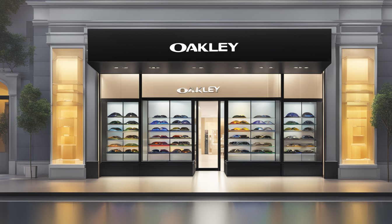A sleek, modern storefront with a prominent Oakley logo. Brightly lit display cases showcase a wide range of sunglasses in various styles and colors