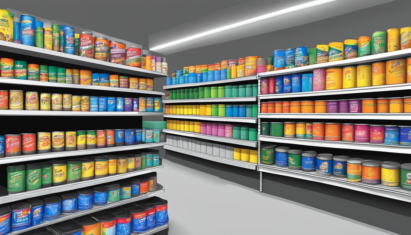 A store shelf displays various colors of Plasti Dip cans in a hardware store in Singapore