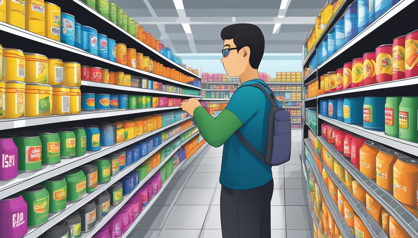 A customer browsing shelves of Plasti Dip cans in a hardware store in Singapore. Rows of colorful cans line the shelves, with price tags clearly displayed