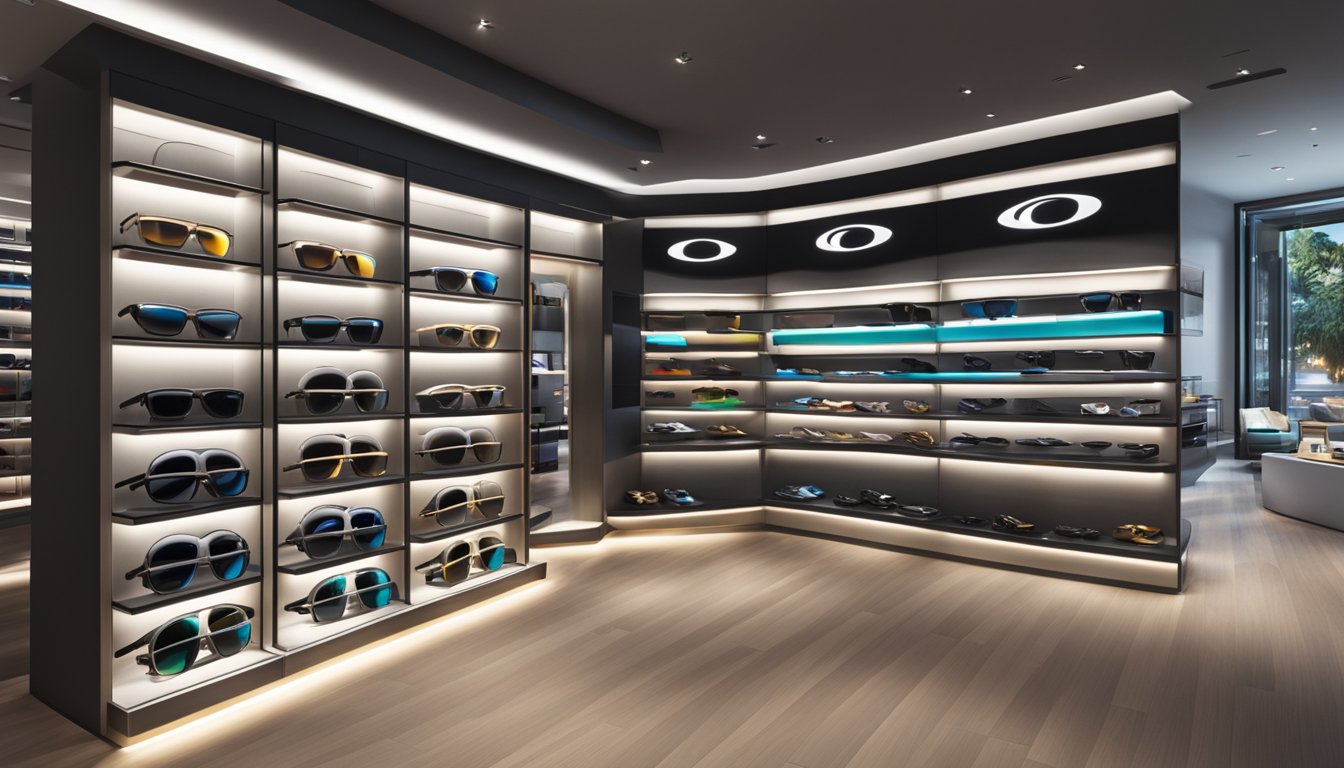 A display of Oakley sunglasses in a sleek, modern store in Singapore. The sunglasses are arranged neatly on shelves, with bright lighting highlighting their stylish designs