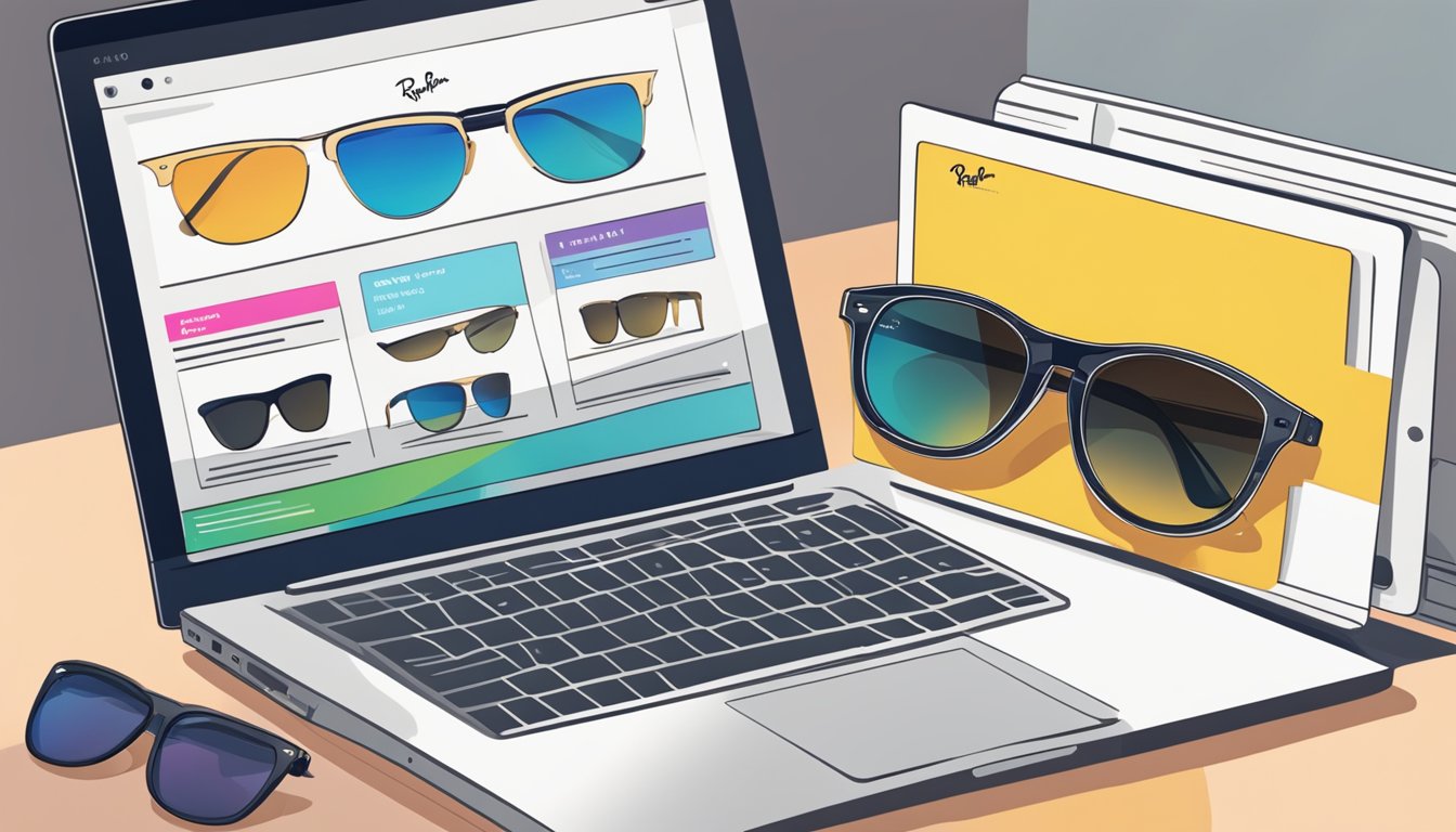 A laptop displaying an online shopping platform with a variety of cheap Ray-Ban sunglasses available for purchase in Singapore