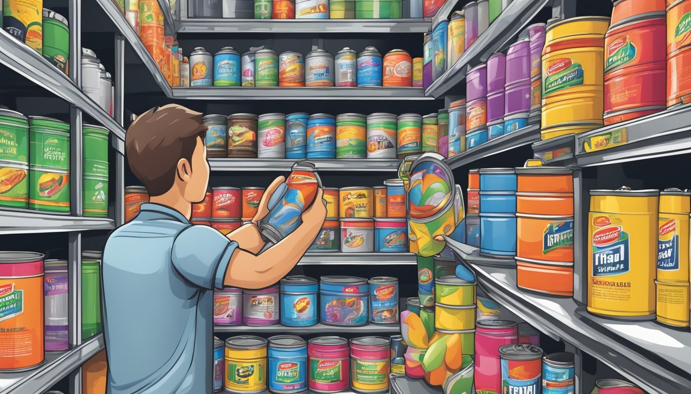 A hand holding a can of Plasti Dip against a backdrop of a hardware store in Singapore. Shelves stocked with various colors and sizes of the product