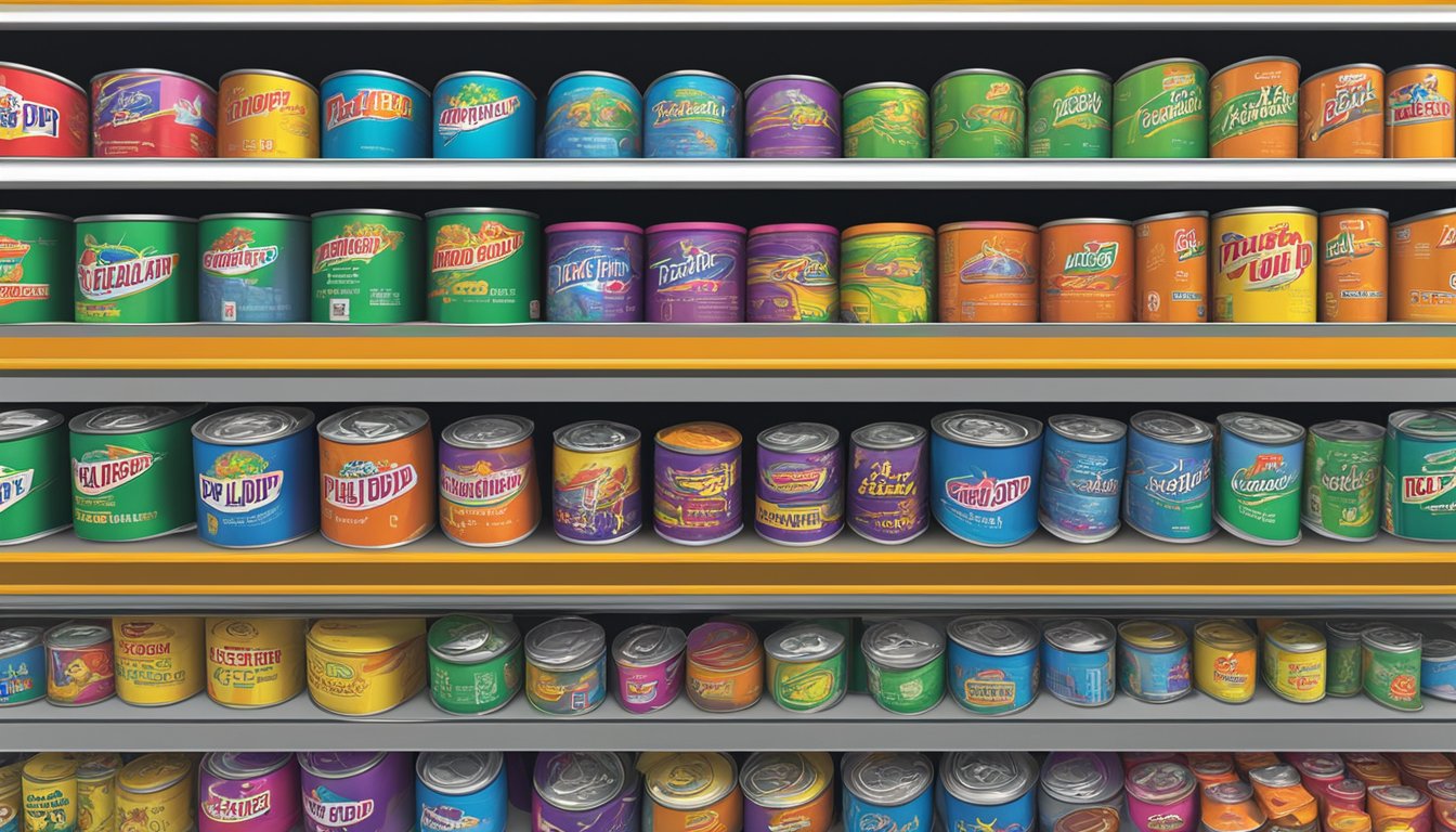 A store shelf filled with various colors of Plasti Dip cans, with a sign reading "Where to buy Plasti Dip in Singapore" above the display