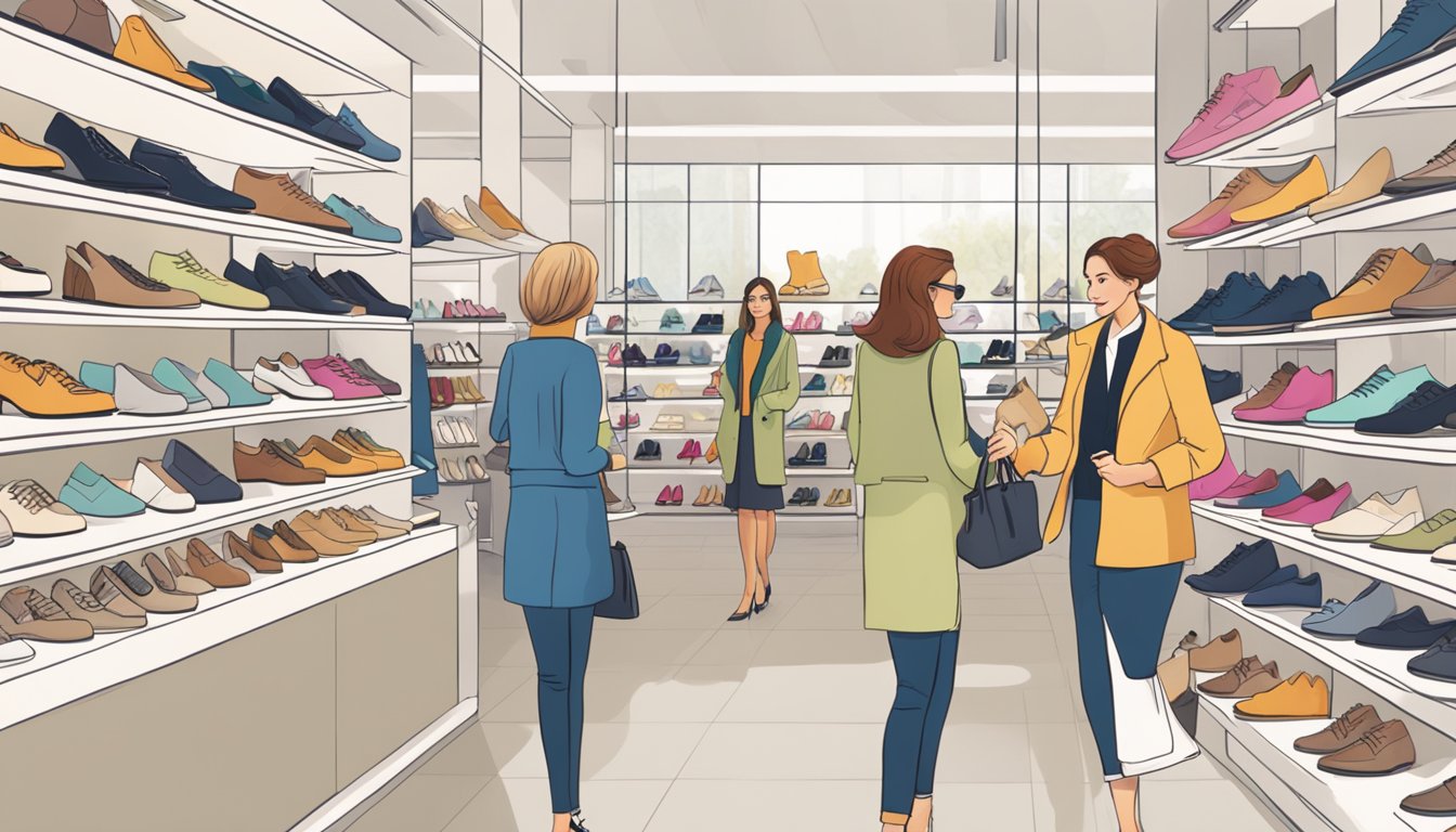 Customers browsing rows of stylish Naturalizer shoes in a bright, modern store with helpful sales staff