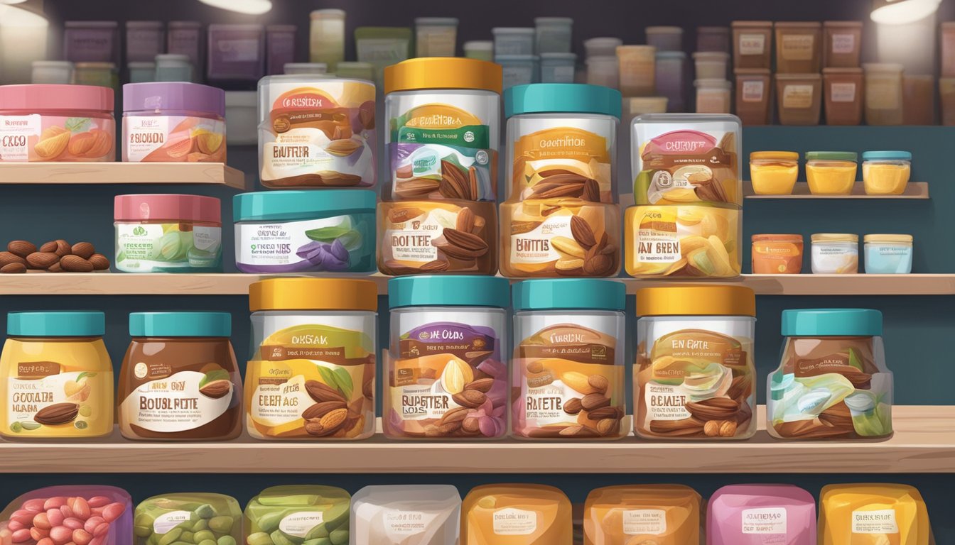 A bustling market stall sells cocoa butter in Singapore. Brightly colored packaging and a variety of sizes are on display