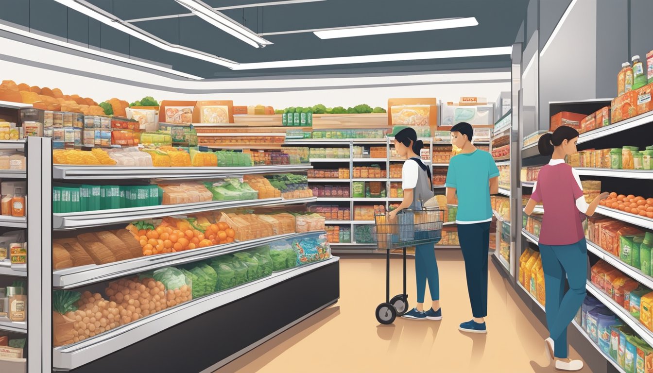 A bustling grocery store in Singapore, shelves stocked with various Quorn products. Customers browsing and selecting items, while a helpful staff member assists a shopper with their purchase