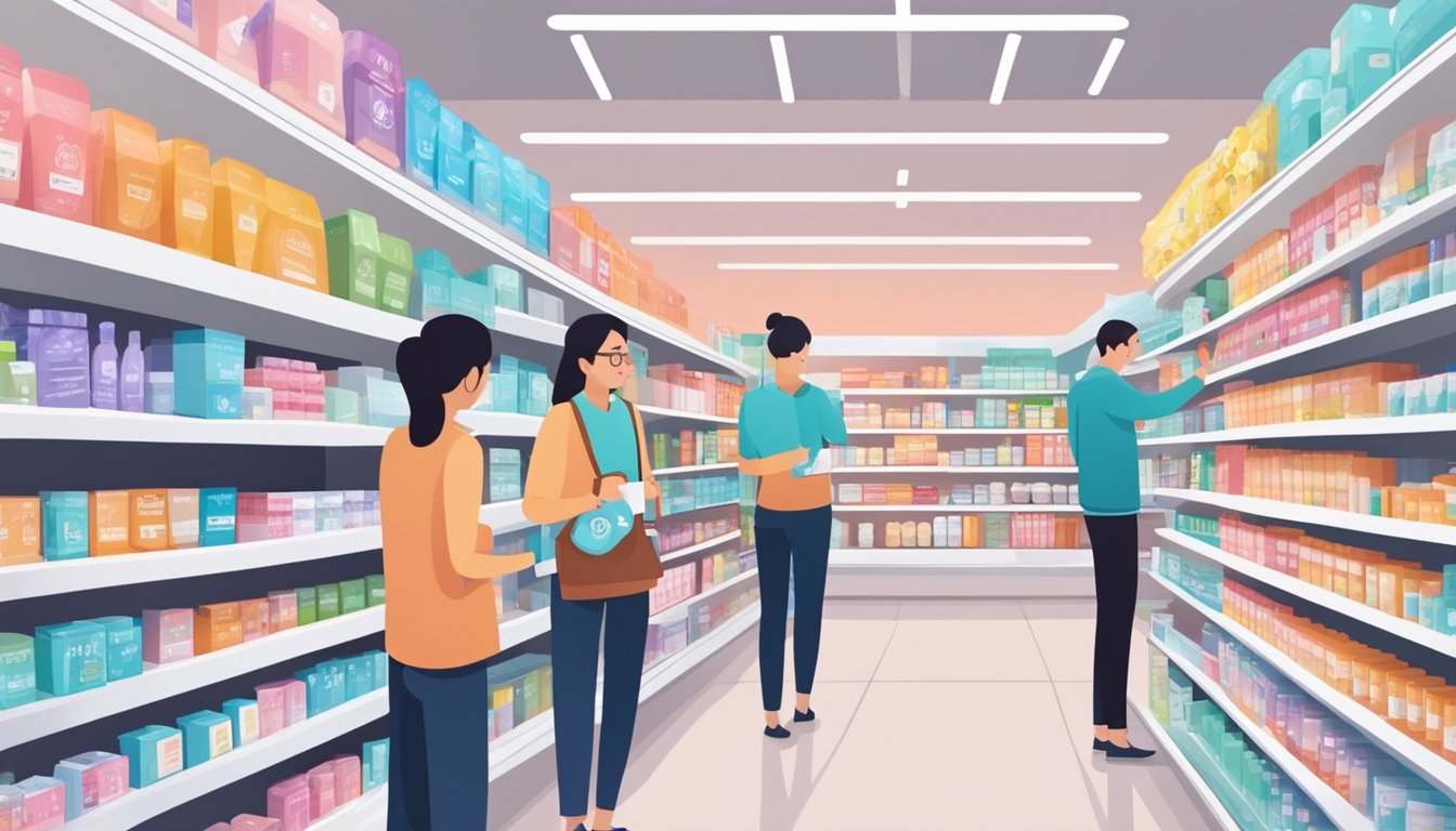 Shelves stocked with emergency contraception pills at a pharmacy in Singapore. Customers browsing, pharmacist assisting