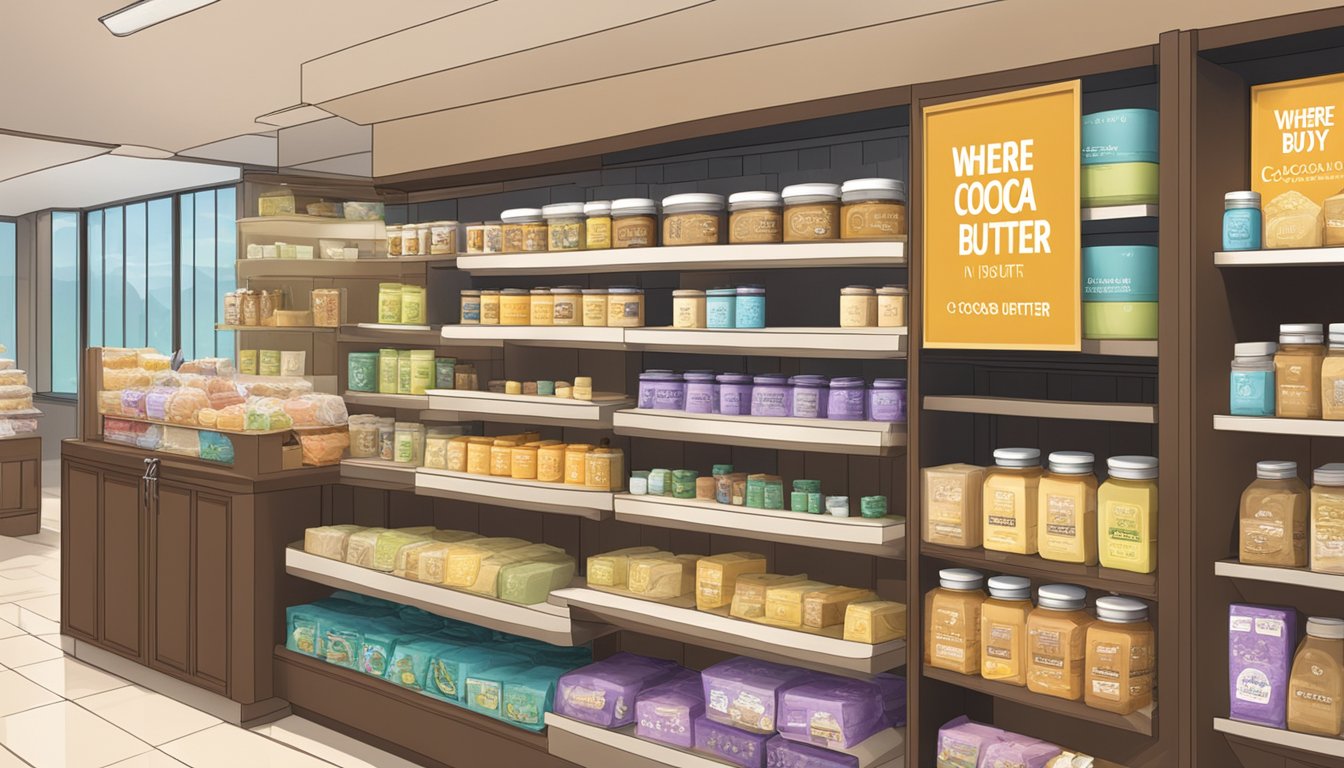 A display of cocoa butter products with signage "Where to buy cocoa butter in Singapore" above