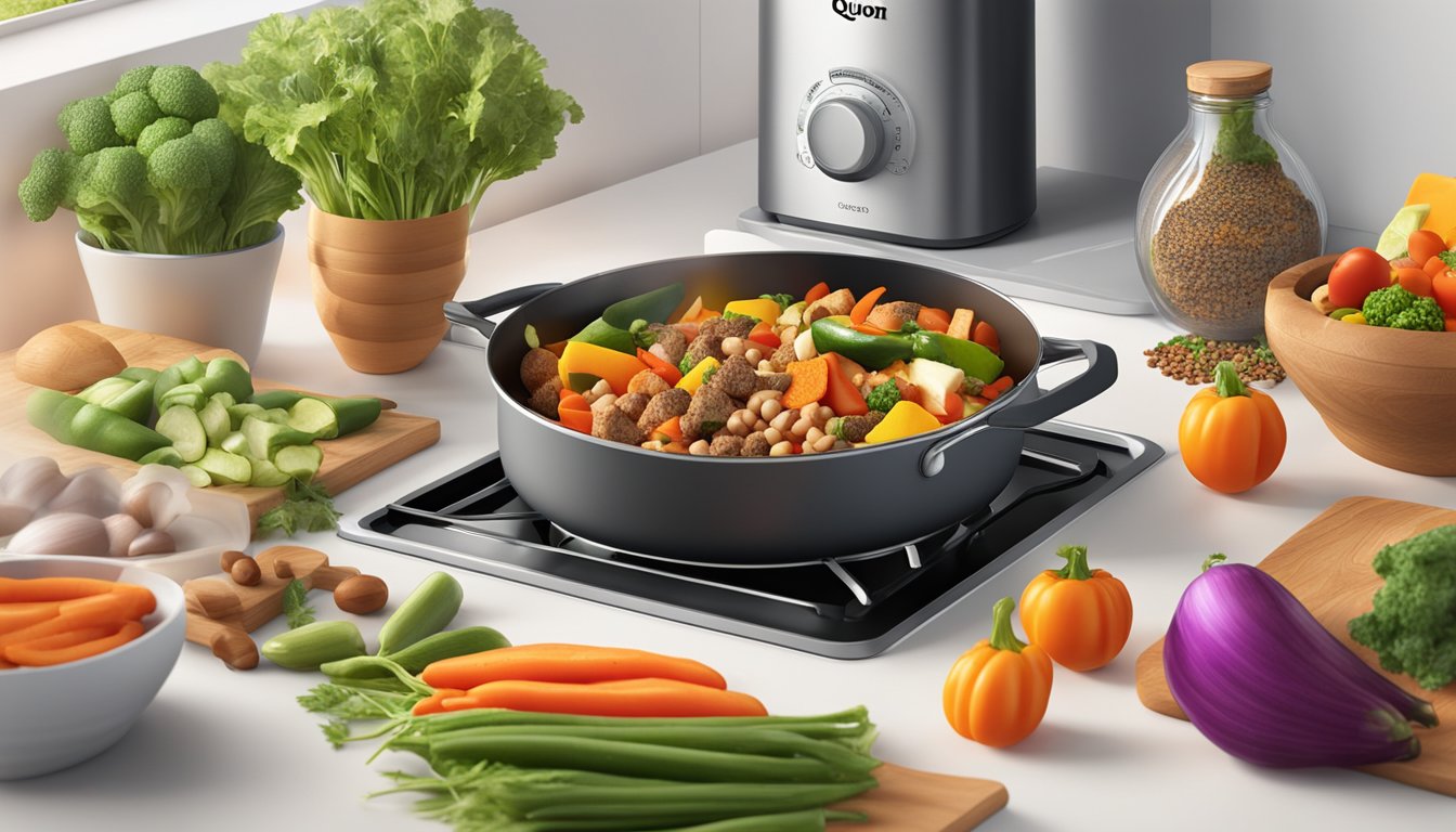 A pot on a stove with sizzling Quorn pieces, surrounded by colorful vegetables and aromatic spices. A bottle of Quorn packaging is visible nearby