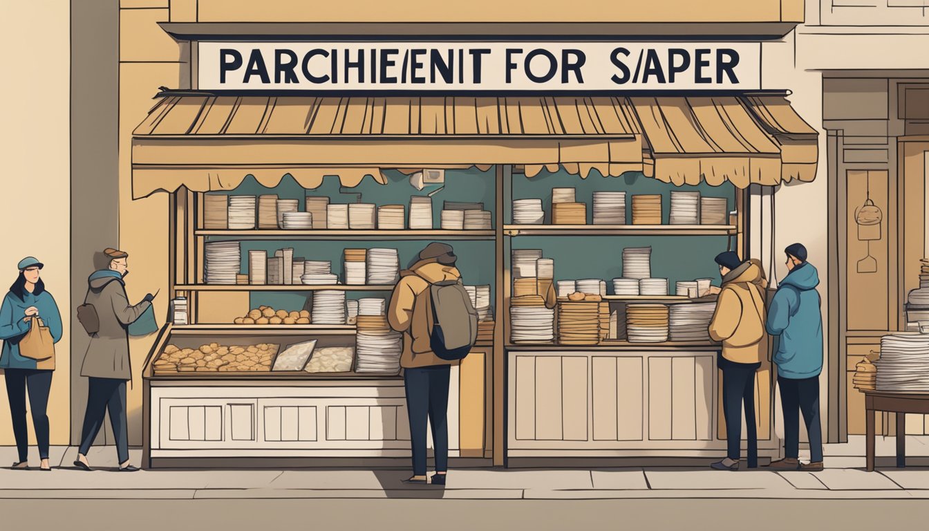 A bustling market stall with stacks of parchment paper, a sign reading "Parchment Paper for Sale," and customers browsing the selection