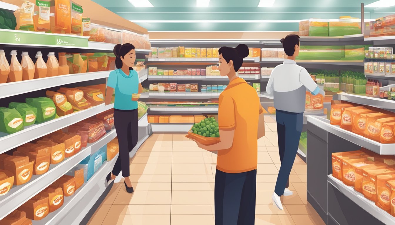 A busy grocery store with shelves stocked with Quorn products, customers browsing and asking staff about where to buy Quorn in Singapore