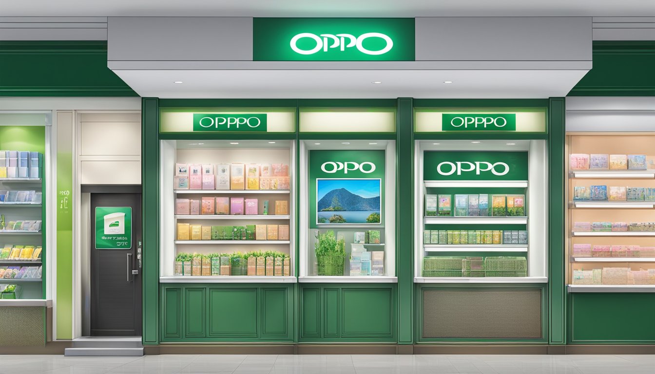 A store in Singapore displays the OPPO 203 for sale, with clear signage and a variety of options available for purchase