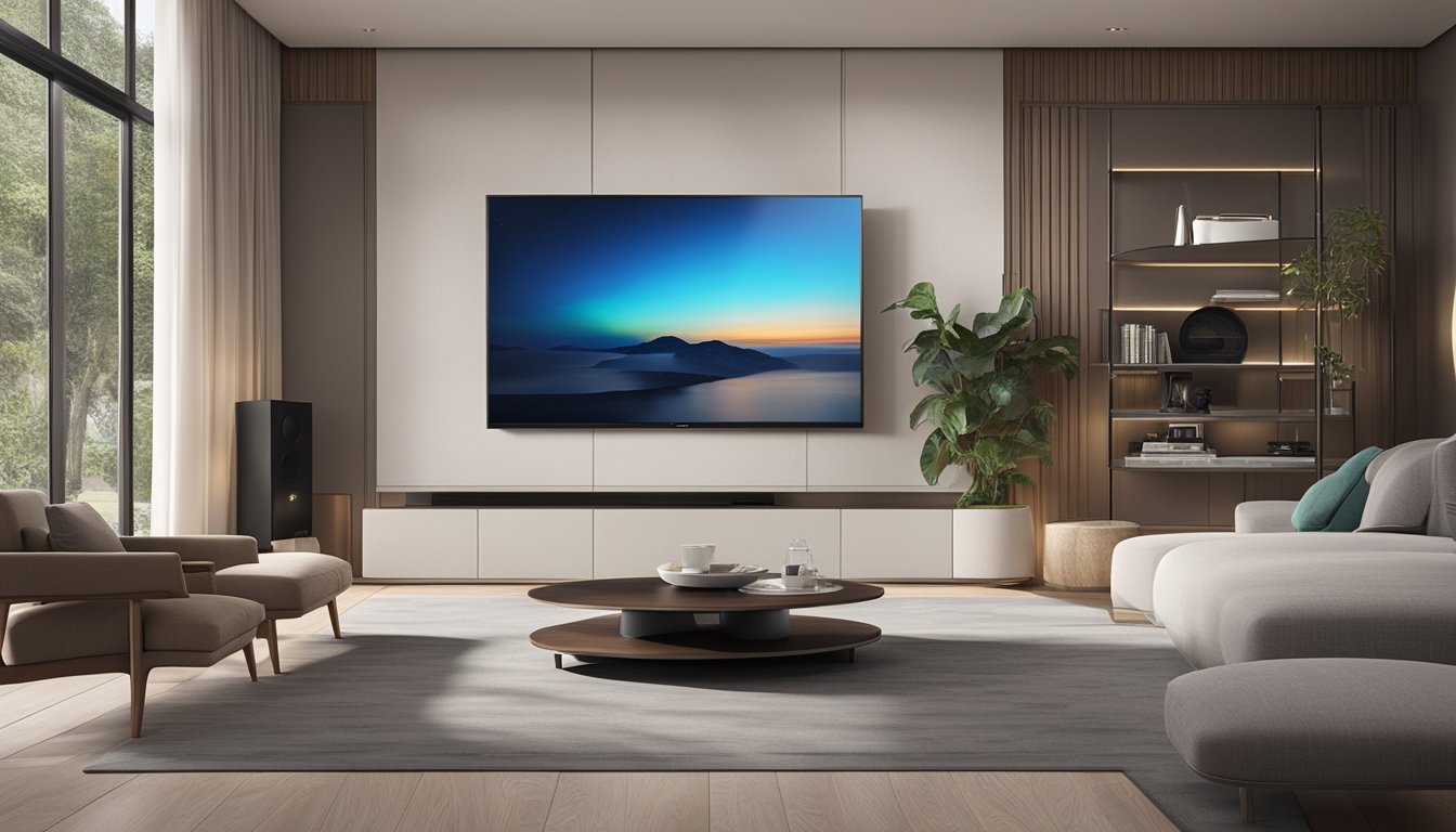 The OPPO 203 player sits on a sleek, modern entertainment center. Its sleek design and advanced features are highlighted, with a remote nearby. Available for purchase in Singapore