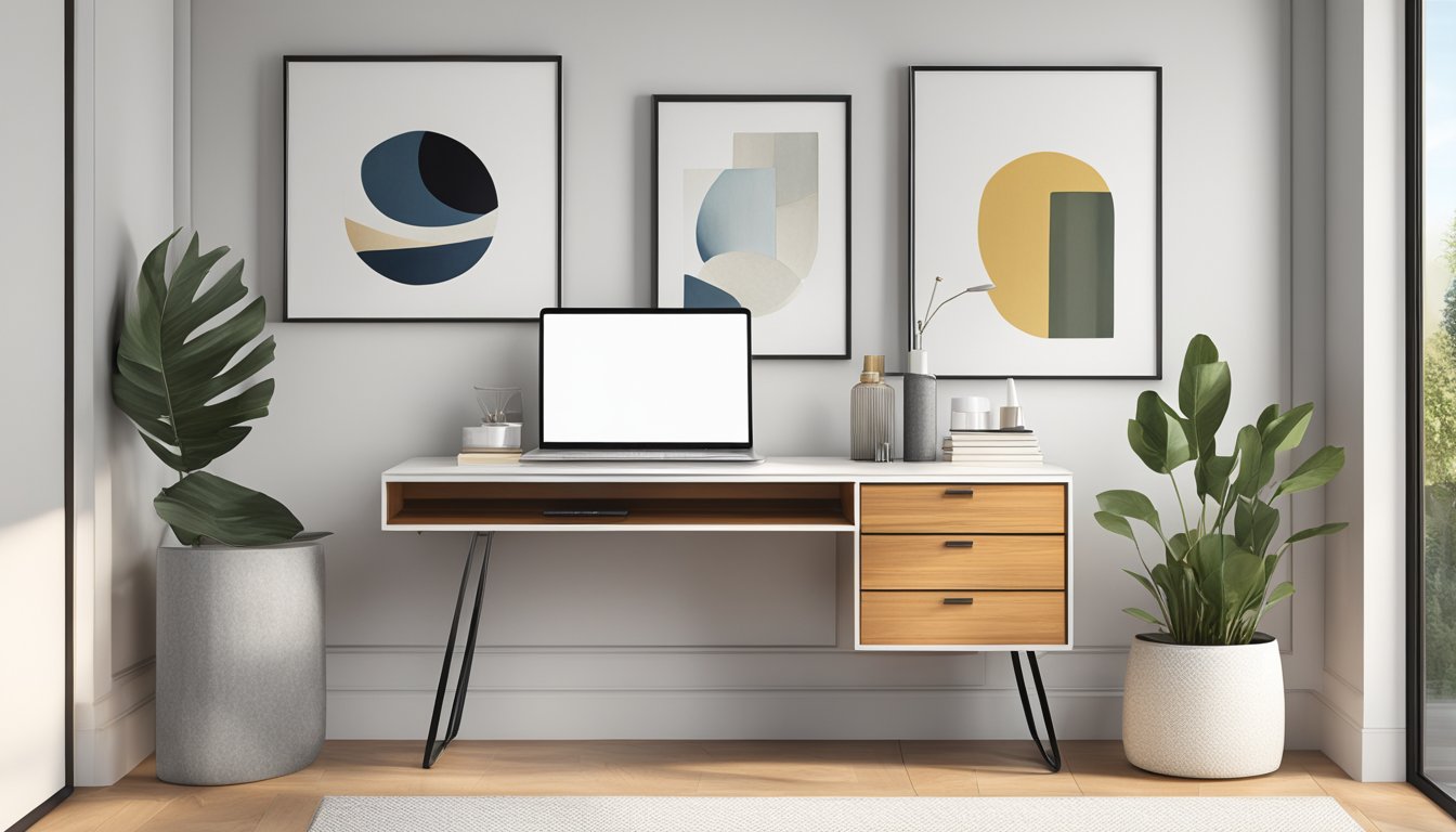 A sleek, modern dresser stands against a white wall in a sunlit room. Its clean lines and glossy finish exude sophistication. A laptop on a nearby table displays an online furniture store