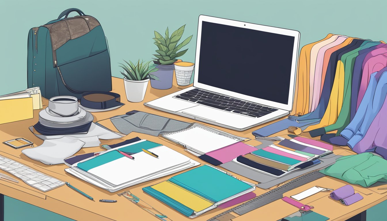 A laptop on a desk with a variety of plus size clothing websites open, surrounded by measuring tape, fabric swatches, and a notebook