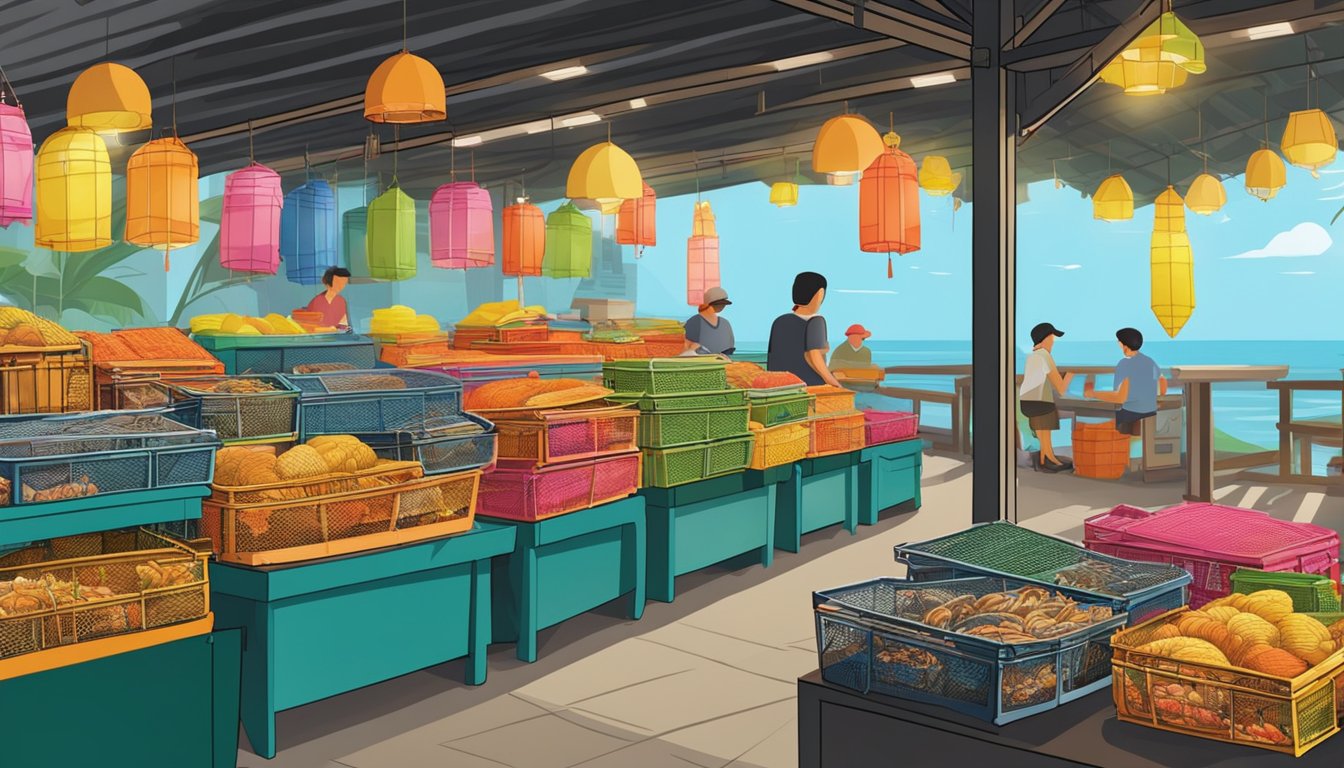 A bustling Singapore market stall displays various crab traps for sale. Brightly colored traps hang from the awning, while others are stacked neatly on the counter