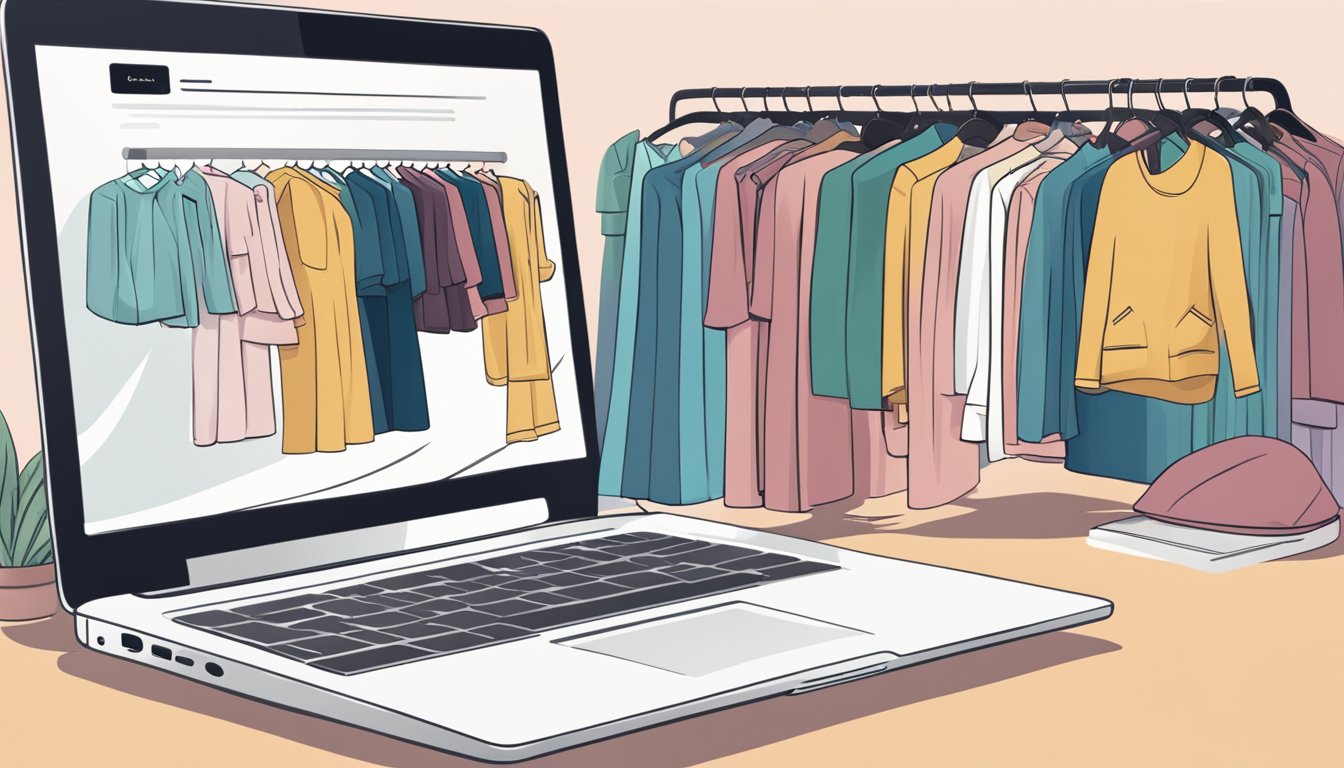 A laptop open to a webpage with various stylish plus-size clothing options displayed. A happy customer reviews the easy navigation and wide selection