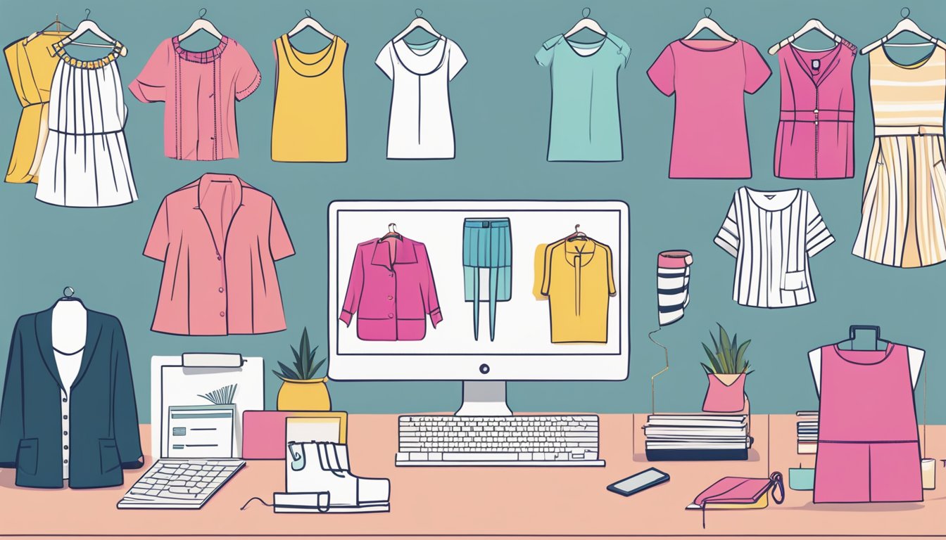 A computer screen displaying a variety of stylish plus-size clothing options from different online retailers. A tape measure and notebook sit nearby for taking measurements and jotting down style ideas