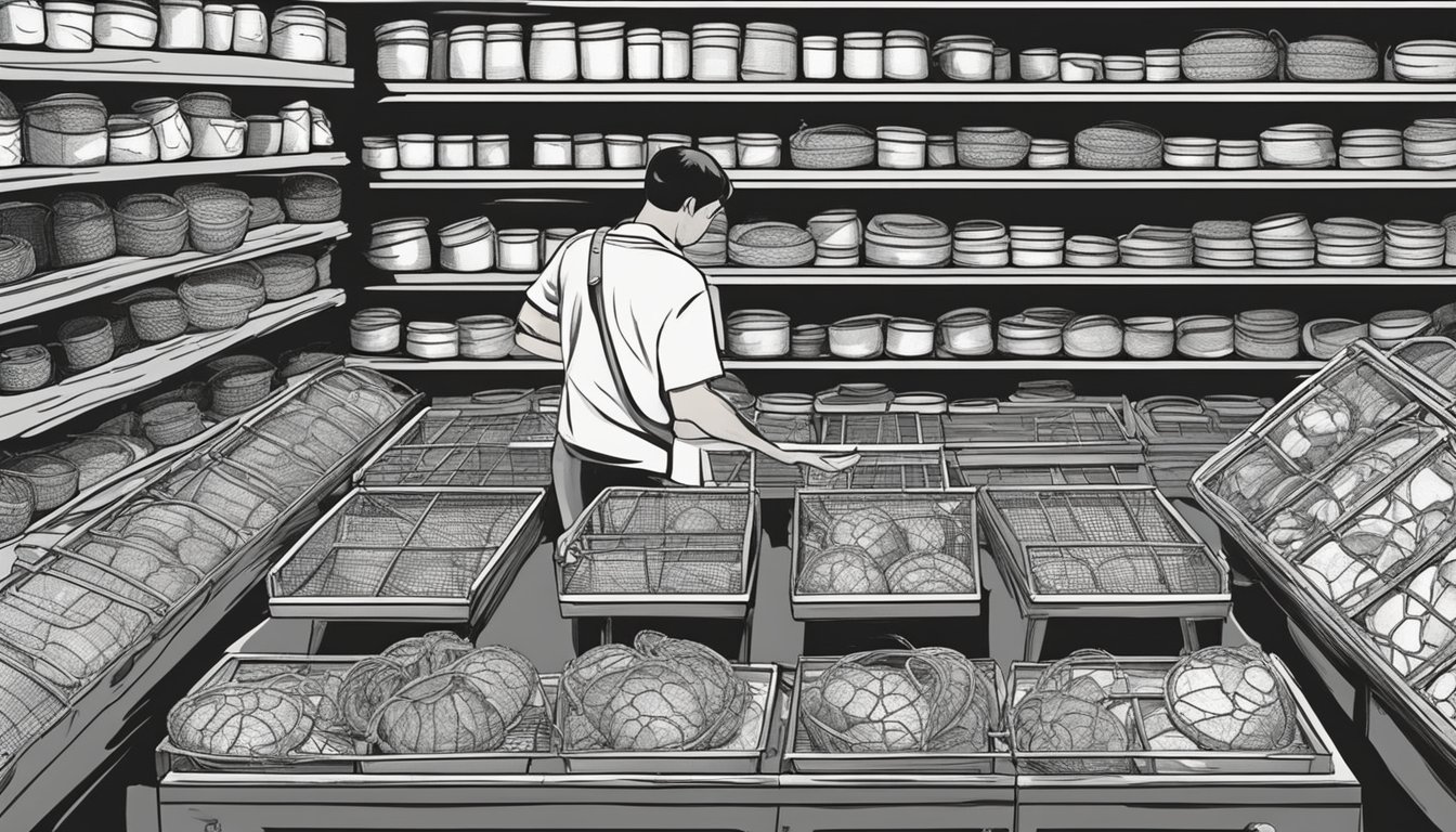 A person examines various crab traps at a store in Singapore, carefully considering their options before making a purchase