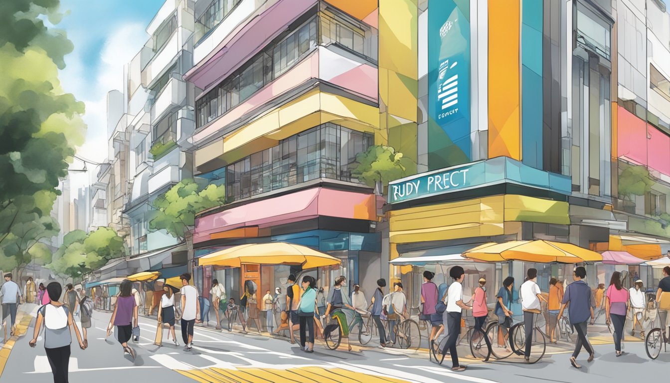 A bustling street in Singapore, with colorful storefronts displaying the Rudy Project logo. Pedestrians pass by, while the vibrant atmosphere draws in potential customers
