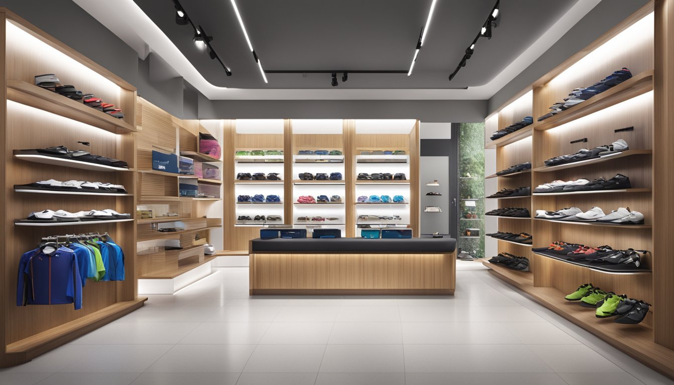 A bright, modern store in Singapore showcases Rudy Project's sleek, high-tech sports eyewear and accessories. Shelves are neatly lined with a variety of products, while a large display highlights the brand's latest innovations