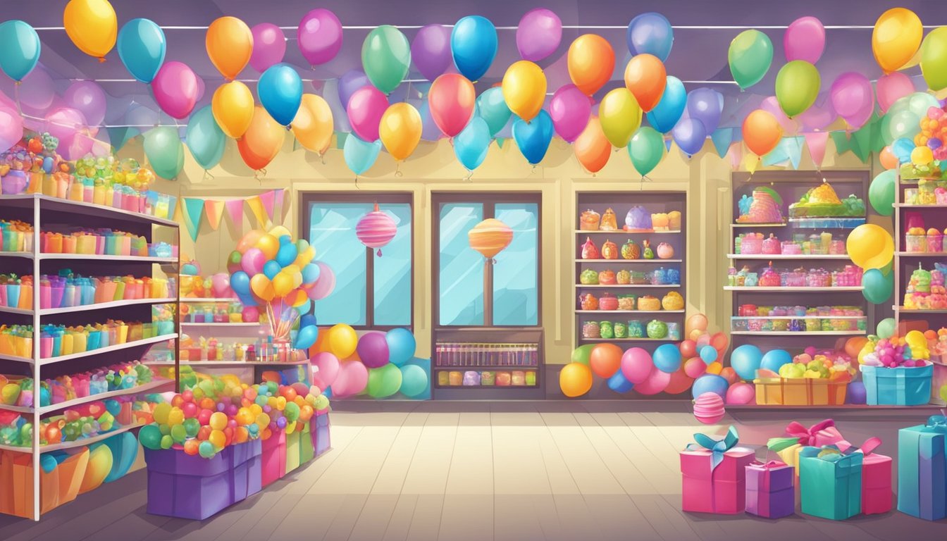 A colorful party store in Singapore sells balloons, streamers, and decorations. Shelves are filled with supplies for birthdays, weddings, and special occasions