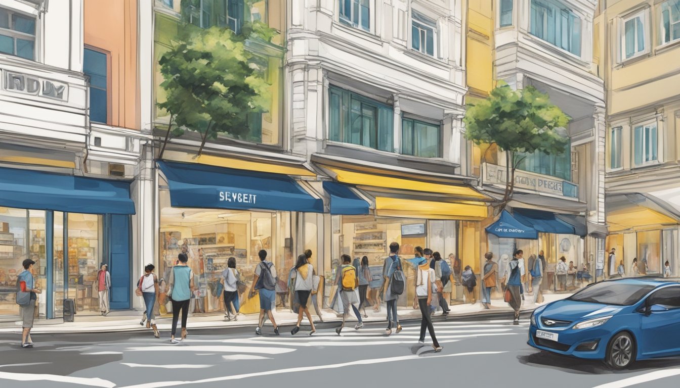 A bustling city street with a prominent storefront displaying "Rudy Project" in Singapore. Pedestrians and shoppers pass by, with a sense of energy and activity